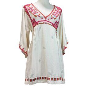 Free People Boho Embroidered Tunic Dress Ivory Multicolor Trim Size SP